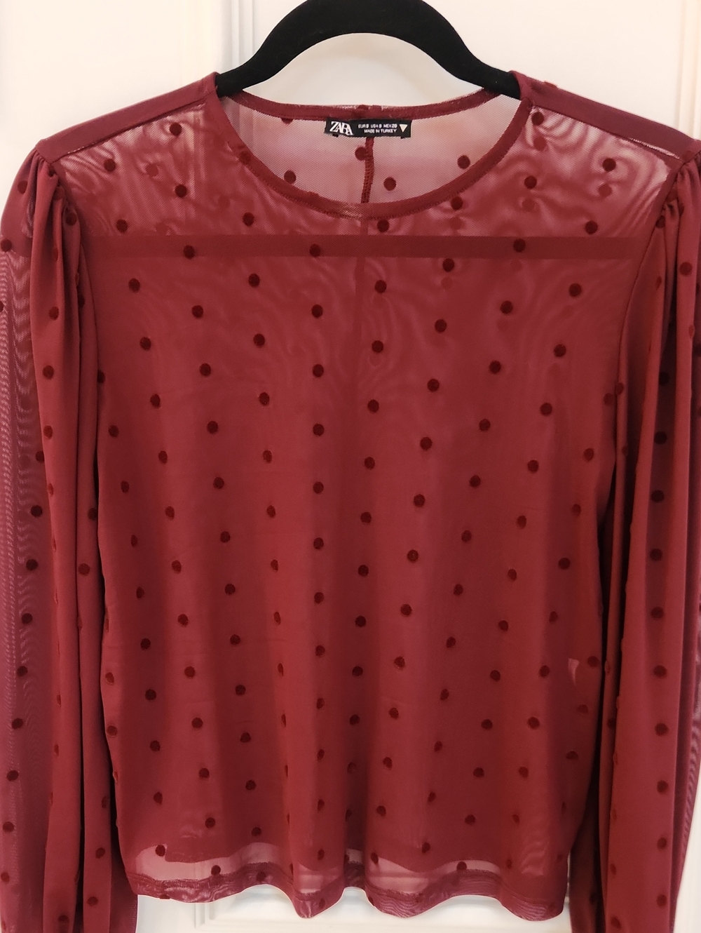Zara Wine Red Polka Dot Sheer Blouse